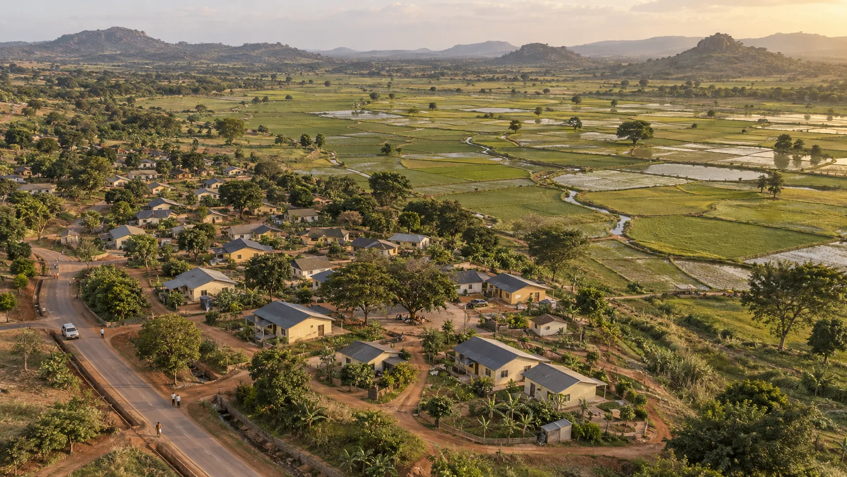 Concept aerial view of compact Nigerian homes along curved roads beside irregular rice paddies.
